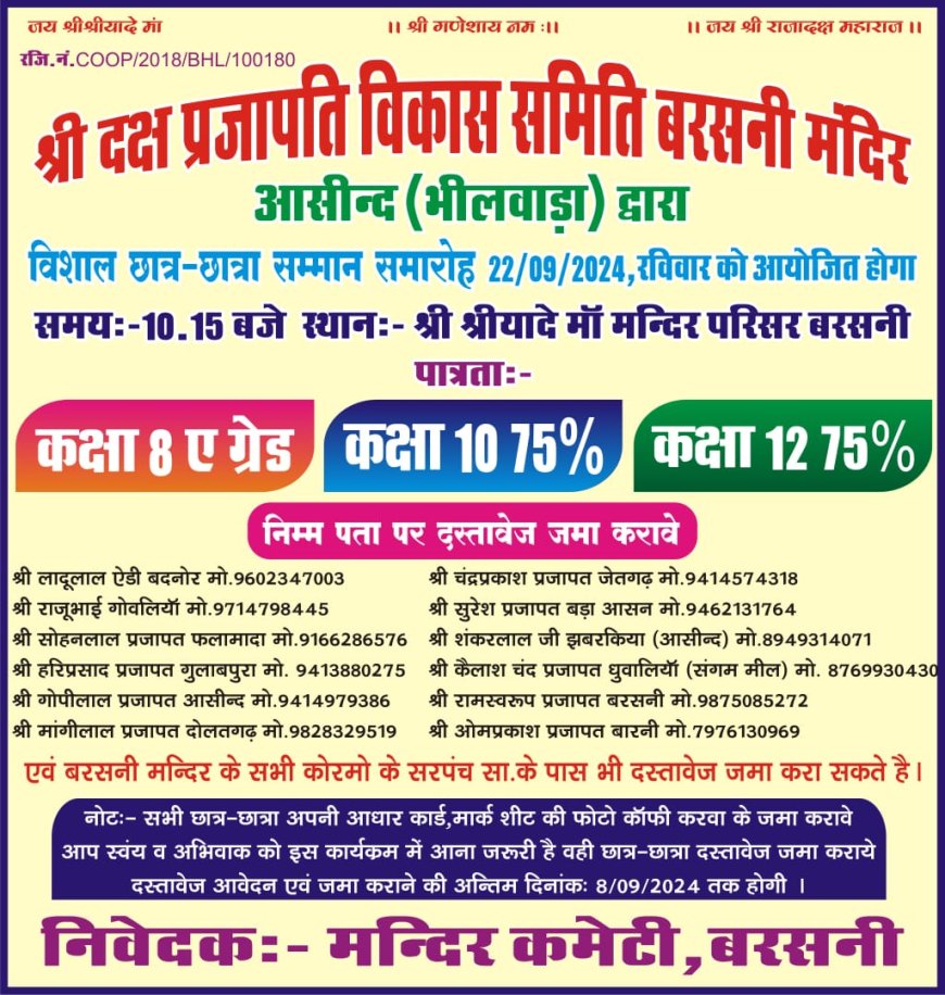 प्रजापति समाज के छात्र -छात्रा का सम्मान समारोह 22 सितंबर को